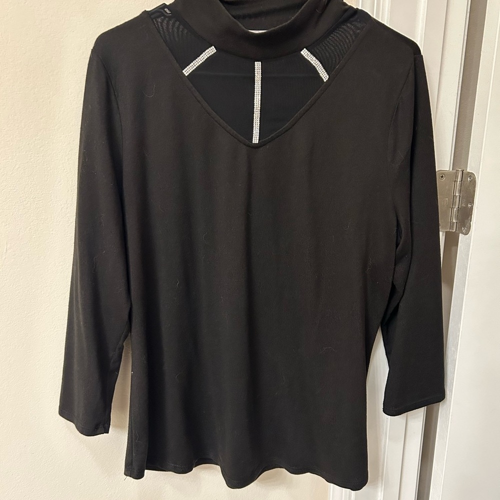 89th + Madison Black Long Sleeve Top Size Large with Mesh & Rhinestone Detail